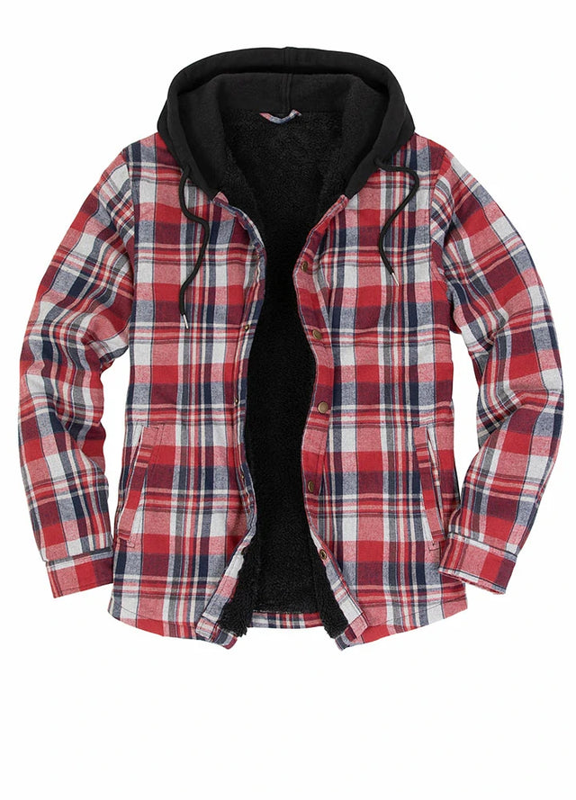 Front view of red men's hooded flannel shirt jacket