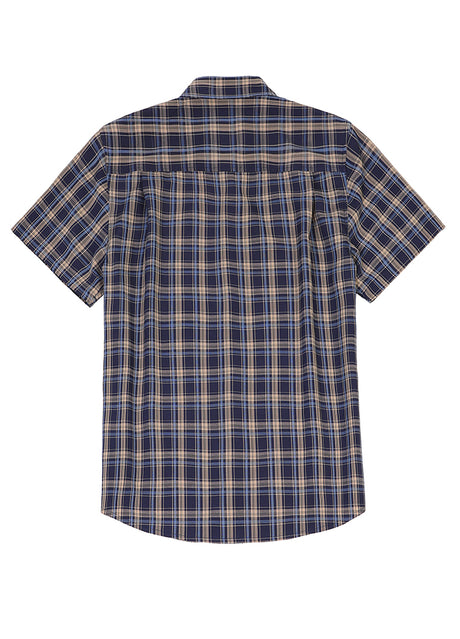 Back view of navy men's plaid short sleeve shirt