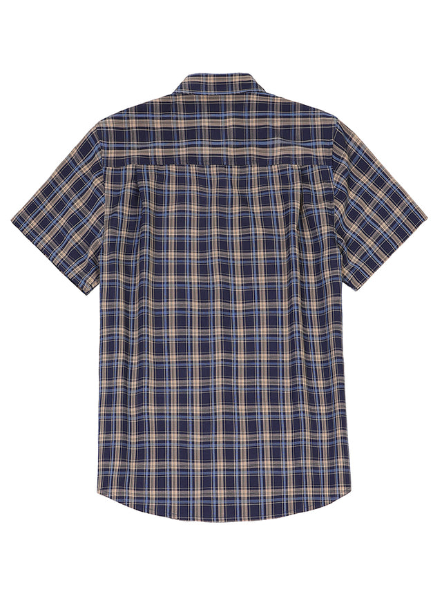 Back view of navy men's plaid short sleeve shirt