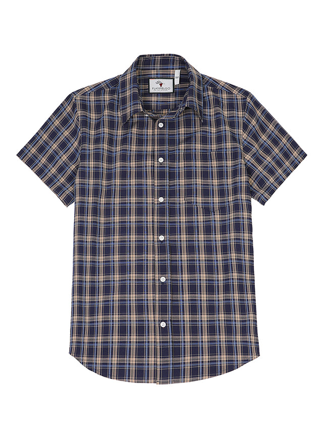 Front view of navy men's lightweight plaid short sleeve shirt