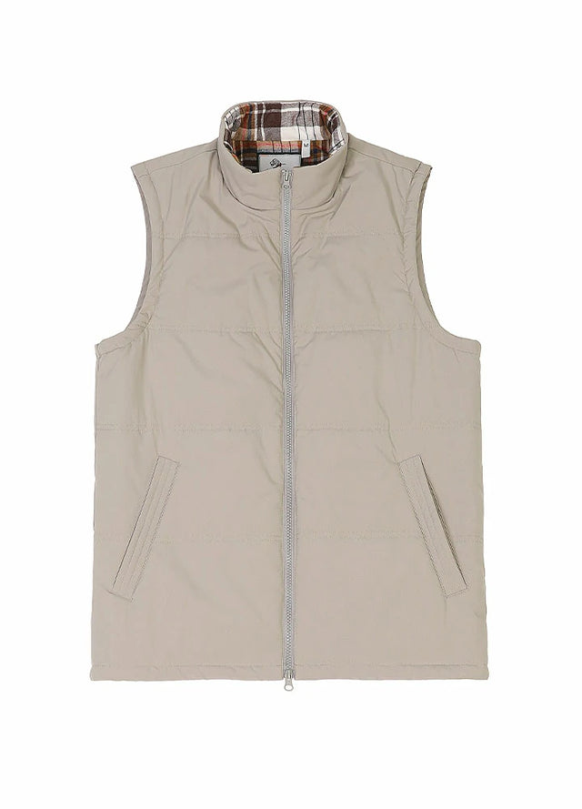 Front view of the zipper closed light gray men's lightweight flannel lined puffer vest