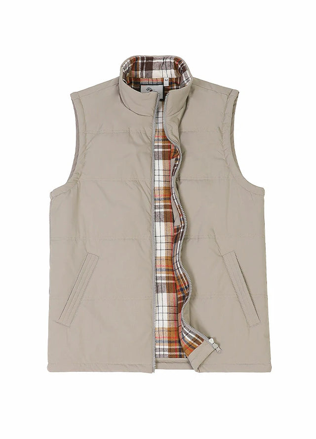 Front view of light gray men's flannel lined puffer vest