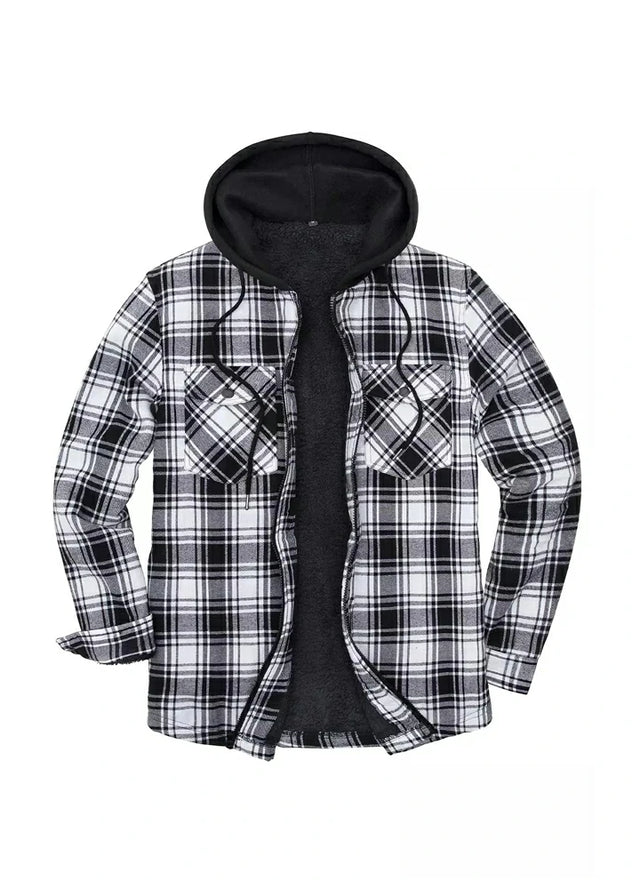 Front view of a black grey men's winter flannel shacket with hood