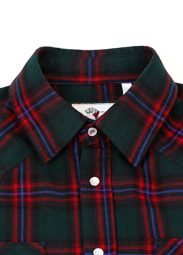 Close-up of the lapel of green red men's warm long sleeve western shirt