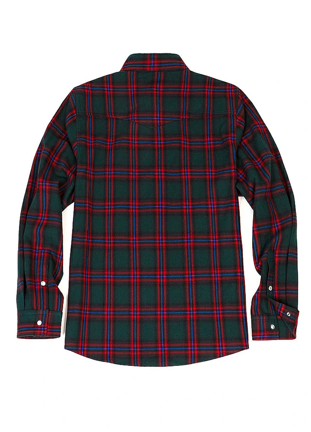 Back view of green red men's plaid long sleeve shirt