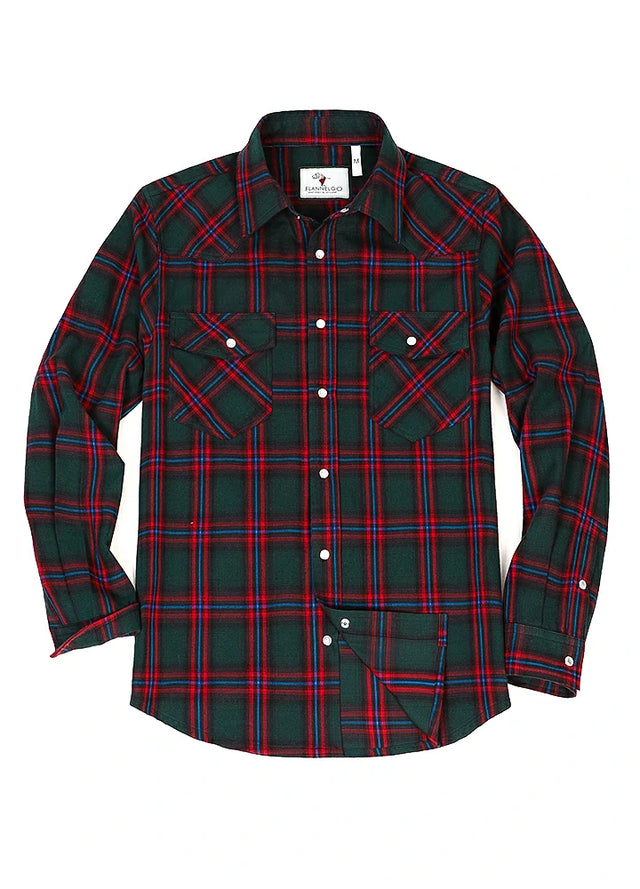 Front view of green red men's plaid long sleeve western shirt