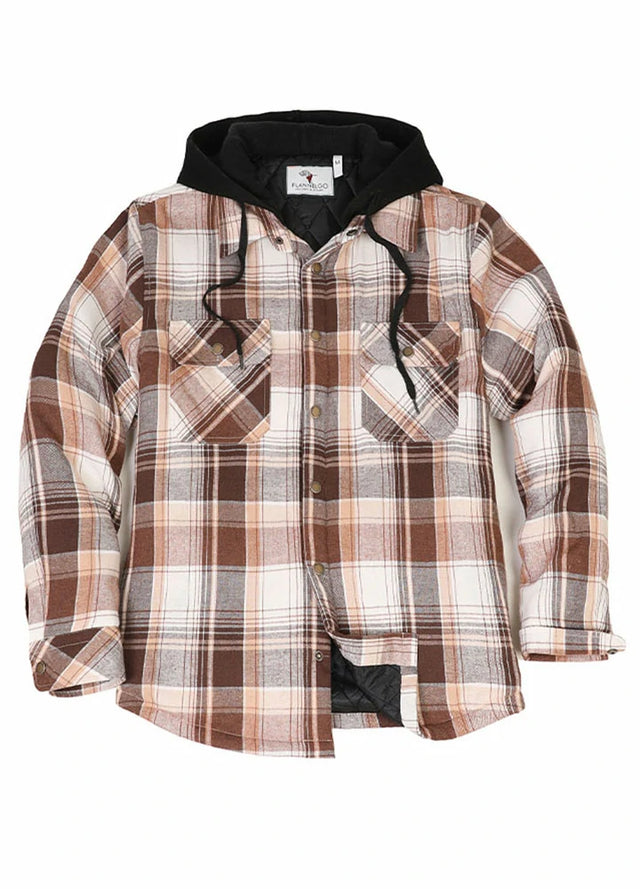 Front view of snap button closed-off brown white men's flannel shirt jacket with quilted lining