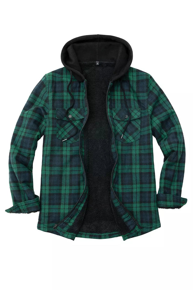 Front view of green navy men's zip up plaid hoodie
