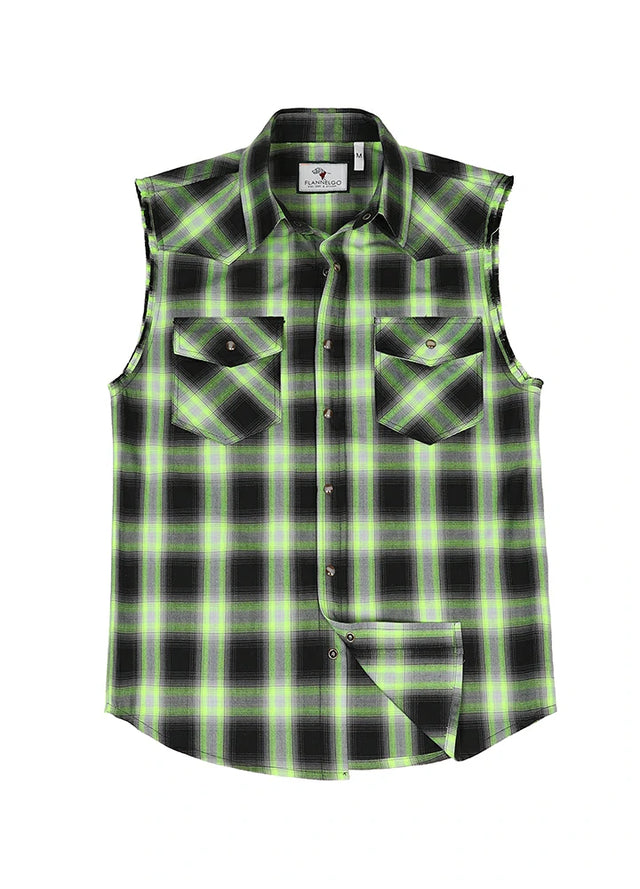 Front view of black green men's western snap pearl plaid vest