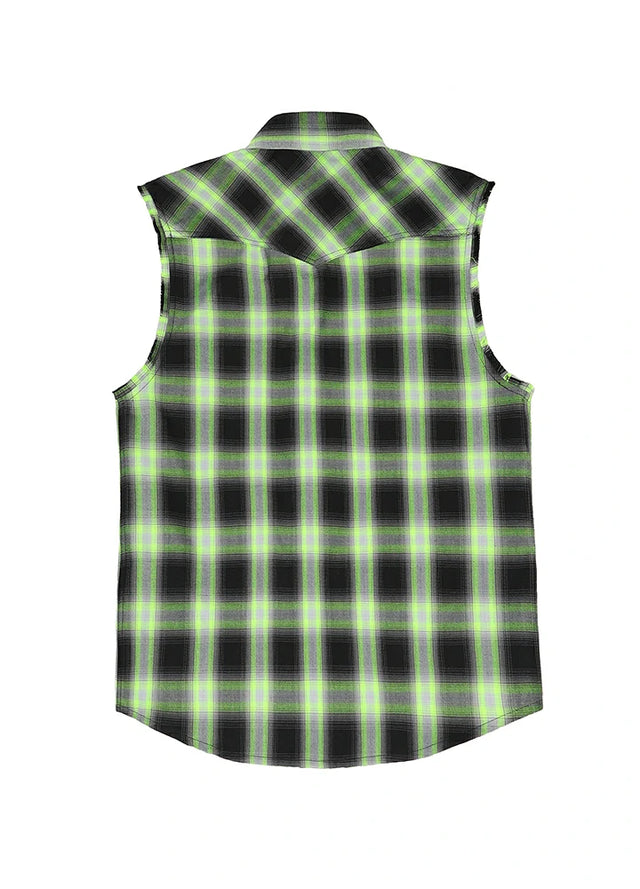 Back view of black green men's soft western outdoor plaid vest