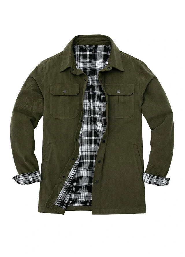 Front view of men's army green flannel lined heavy utility shirt jacket