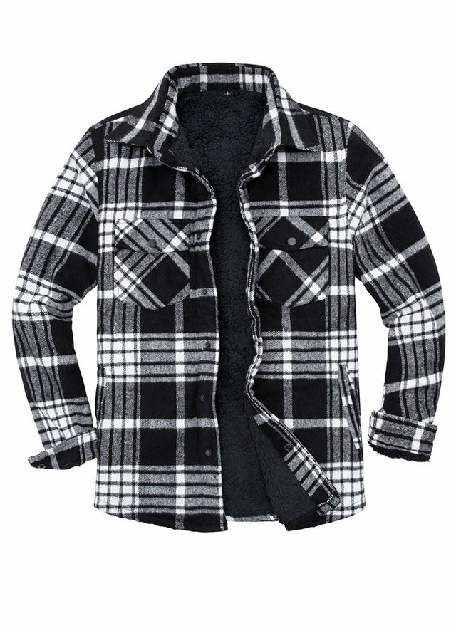 Front view of black white men's thick flannel shirt jacket