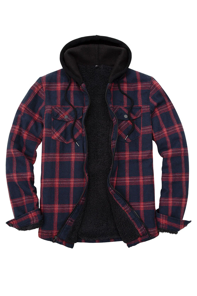 Front view of dark red men's zipper flannel shirt jacket with hood