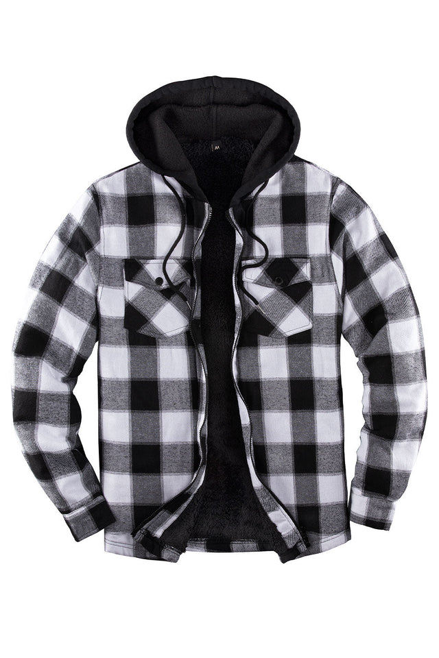 Front view of a black grey men's winter flannel shacket with hood