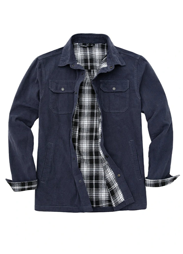Front view of men's navy flannel lined heavy utility shirt jacket