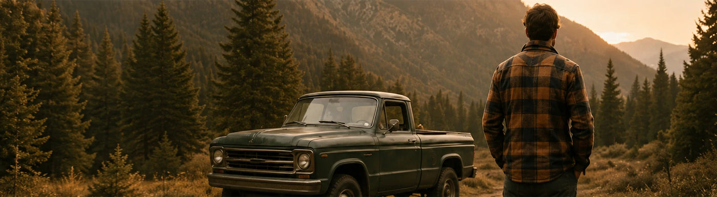 A man in a brown and black plaid flannel shirt stands with his back to the camera next to a dark green vintage pickup truck on a dirt road, with a forest and mountains in the background during golden hour.