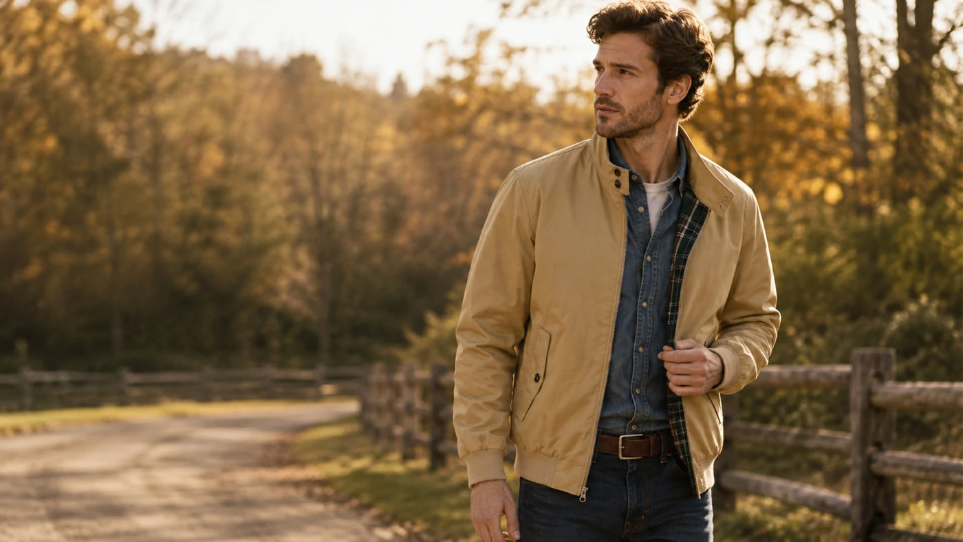 A man wearing a tan bomber jacket over a blue plaid shirt and jeans, standing on a country road with a wooden fence and autumn trees in the background.