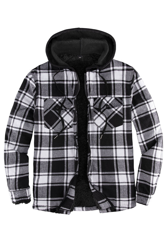Front view of black white men's zipper flannel shirt jacket with hood