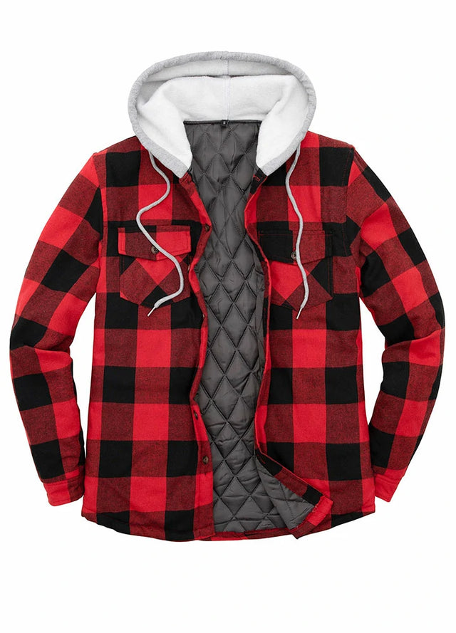 Front view of red men's button down plaid flannel shirt jacket