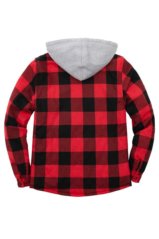Back view of red men's button down plaid flannel shirt jacket with hood