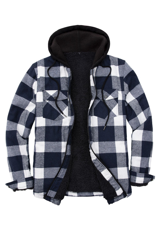Front view of navy white men's zipper flannel shirt jacket with hood