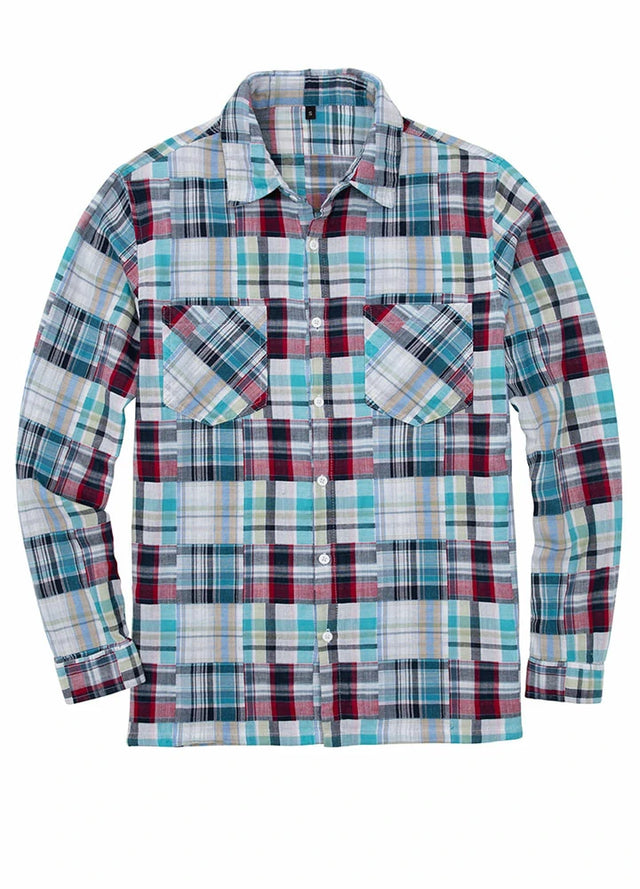 Front view of men's blue breathable cotton patchwork Shirt
