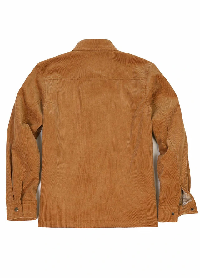 Back view of men's orange flannel lined corduroy shirt jacket