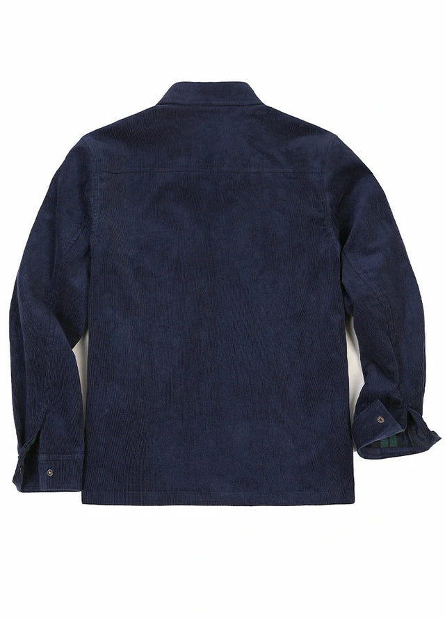 Back view of men's navy corduroy shirt jacket with flannel lining