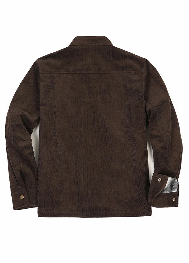 Back view of men's brown flannel lined corduroy shirt jacket