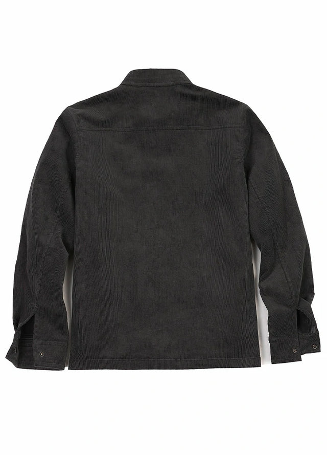 Back view of men's dark grey flannel lined corduroy shirt jacket