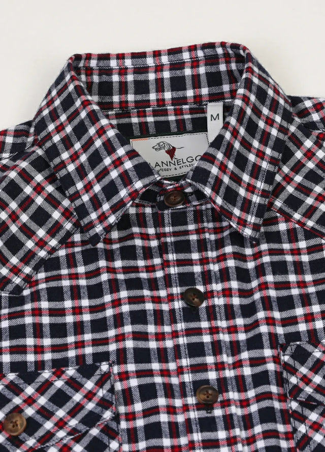 Close-up of men's navy red flannel cotton plaid vest with collar