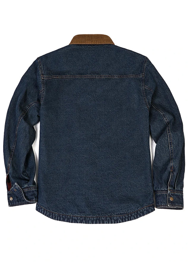 Back view of indigo men's durable denim shirt jacket