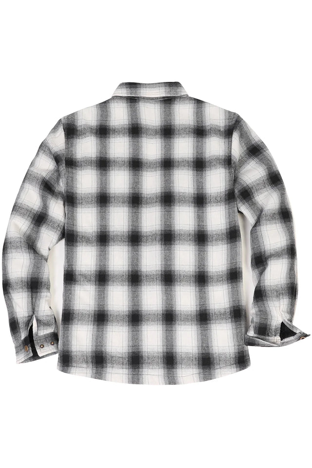 Back view of white and black men's snap front cotton flannel shirt jacket