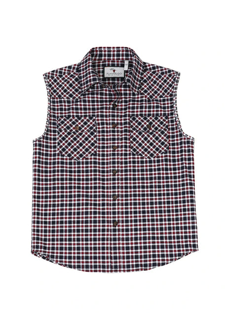 Front view of men's navy red flannel cotton plaid vest