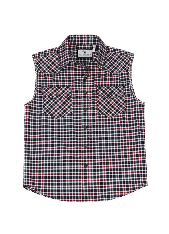 Front view of men's navy red flannel cotton plaid vest
