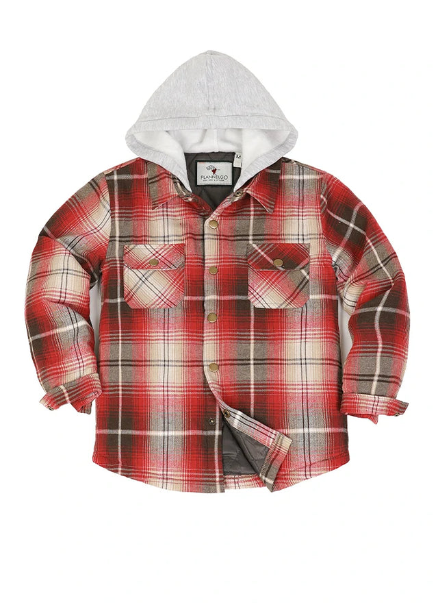 Front view of kids red hooded flannel shirt jacket-XR1121HY-S,XR1121HY-M,XR1121HY-L,XR1121HY-XL