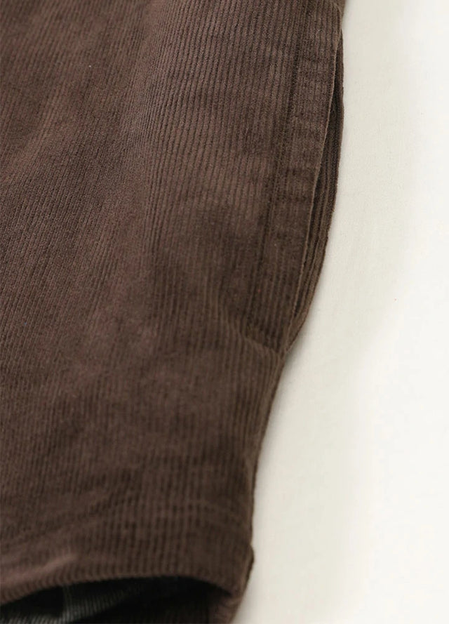 Detail of hand pocket on men's brown corduroy shirt jacket