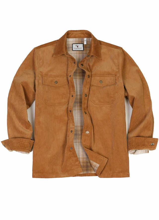 Front view of men's orange flannel lined corduroy shirt jacket