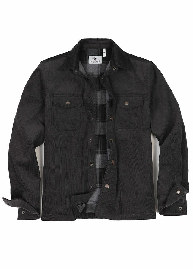 Front view of men's dark grey flannel lined corduroy shirt jacket