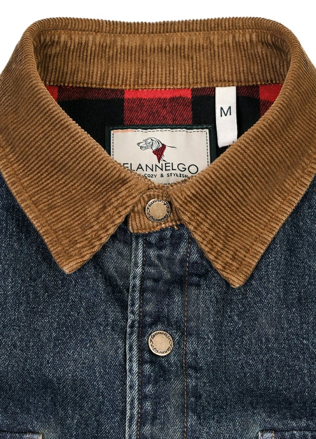 Close-up of the lapel of indigo men's denim workwear flannel lined shacket