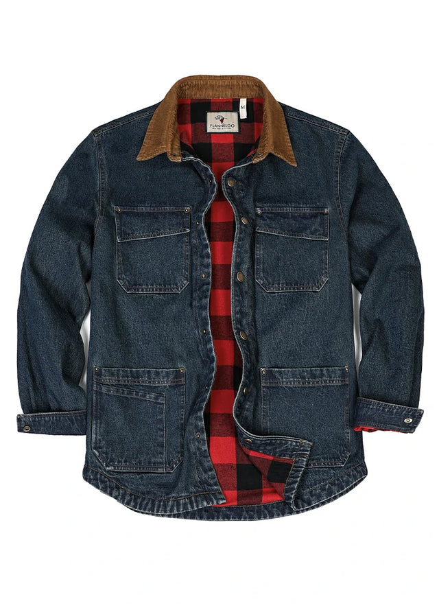 Front view of indigo men's denim shacket with flannel lining