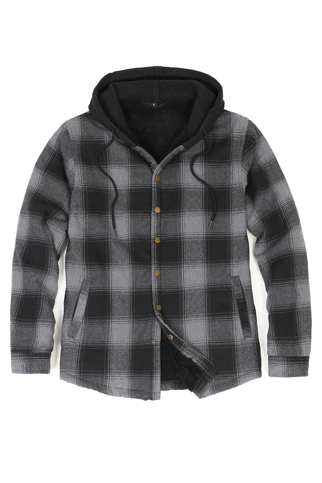 Front view of the snap button closed buffalo grey men's hooded snap front flannel plaid jacket