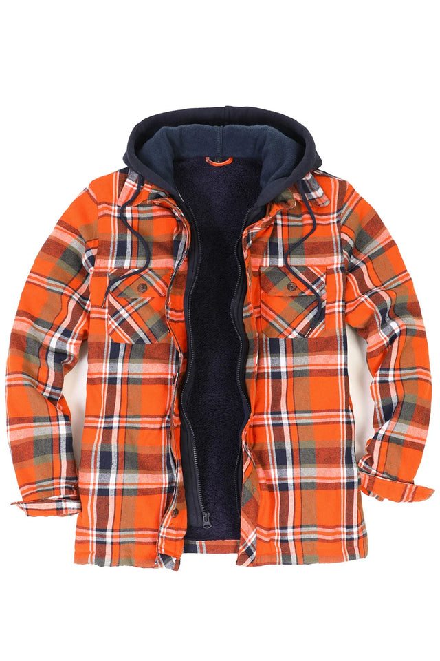 Front view of orange men's zip up plaid flannel shacket
