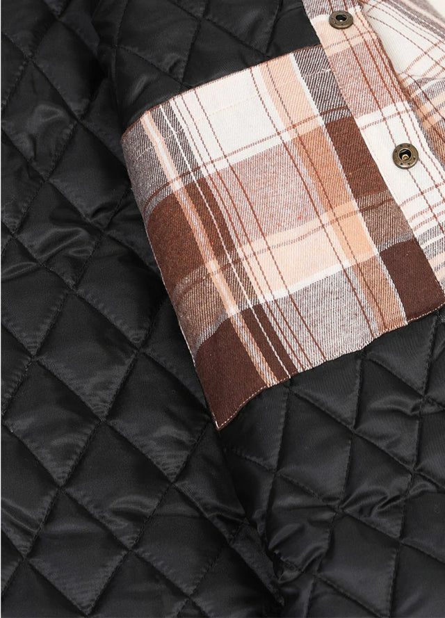 Close-up of inner pocket of brown white men's flannel hooded shirt jacket with quilted lining