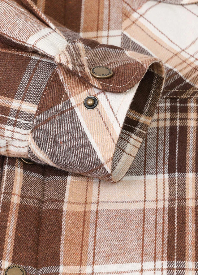 Detailed view of the cuff of brown white men's snap front hooded flannel jacket with quilted lining