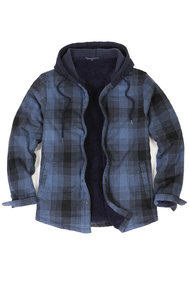Front view of deep blue hooded flannel shirt jacket for men