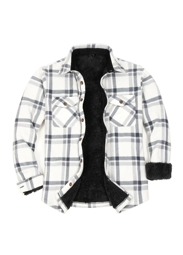 Front view of ice white men's plaid sherpa lined shirt jacket