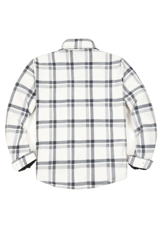 Back view of ice white men's cozy plaid sherpa lined shirt jacket