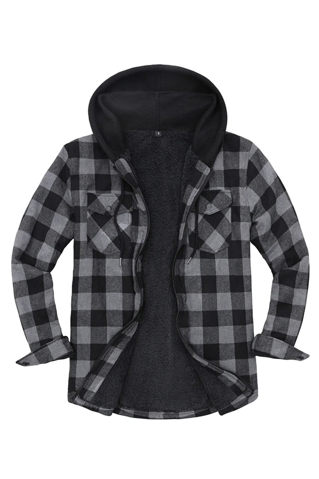 Front view of grey men's zipper flannel shirt jacket with hood