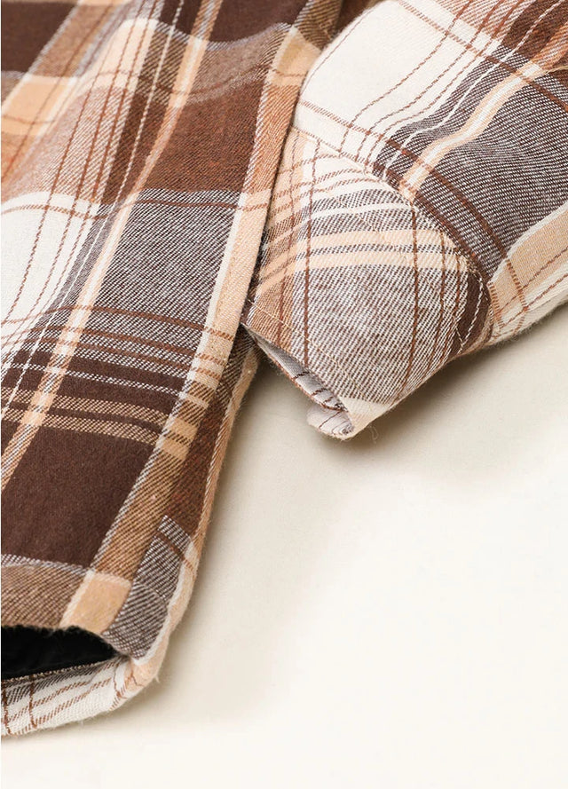 Detailed view of the seam pocket of brown white men's quilted lined hooded flannel jacket